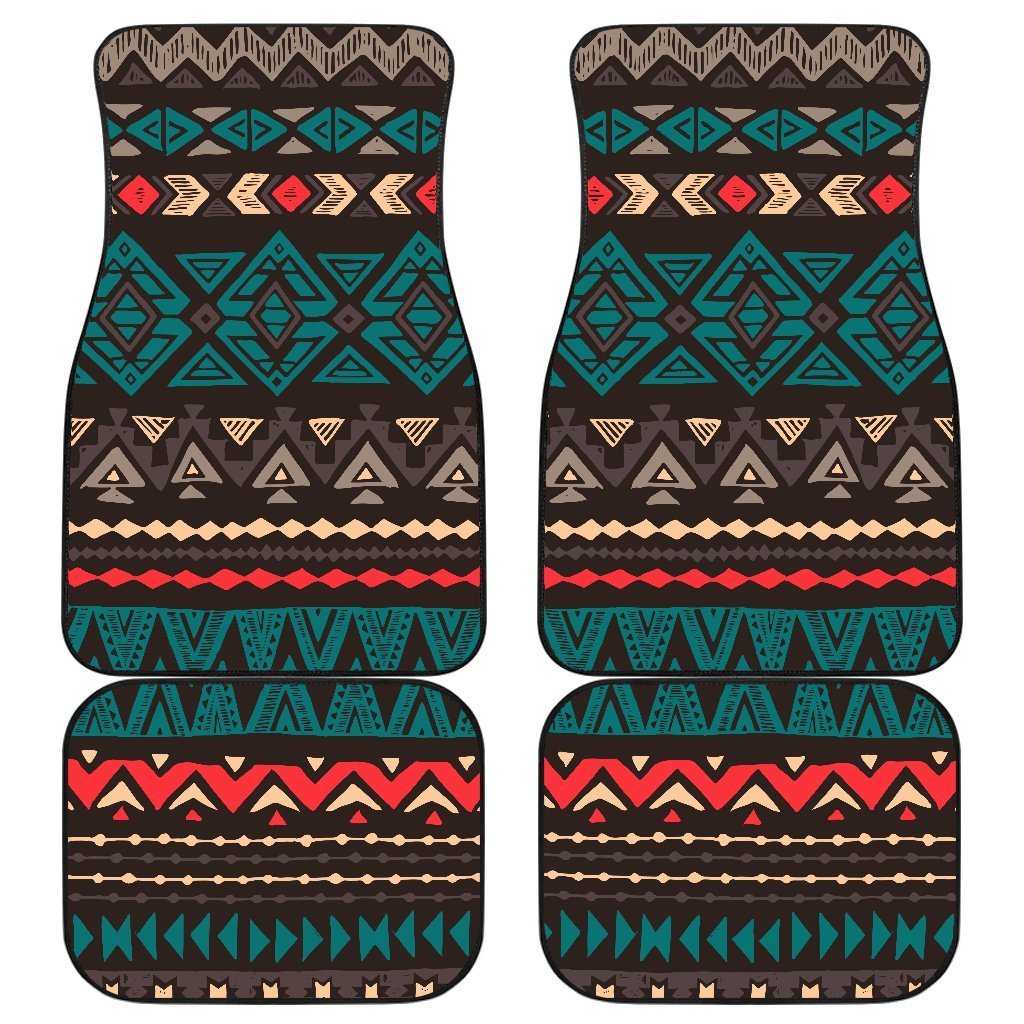 Teal And Brown Aztec Pattern Print Front And Back Car Floor Mats, Front Car Mat