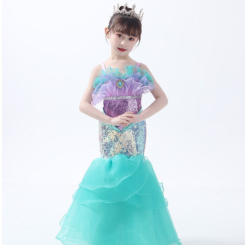 Toddler Girls Mermaid Green Dress Sequin Tutu Spaghetti Strap Long Pageant Little Girls Ruffle Princess Halloween Costume 3-10Y alx