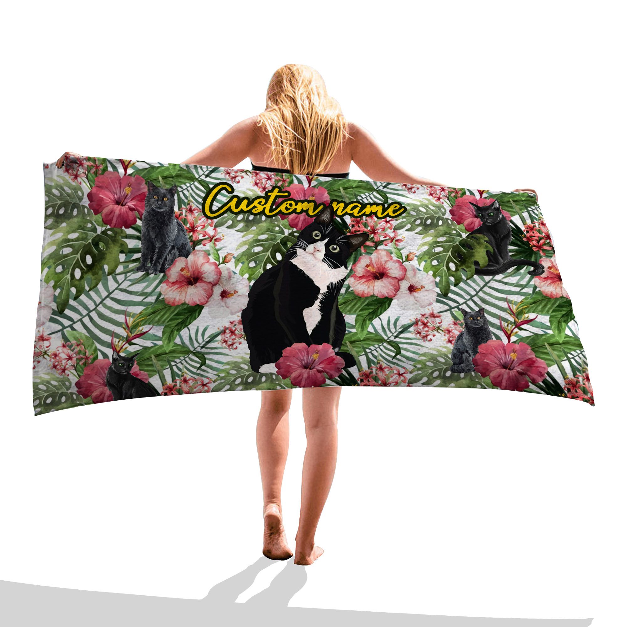 Black Cat Hawaii Hibiscus Flower Tropical Leaves Custom Name Beach Towel For Lovers Ha111461