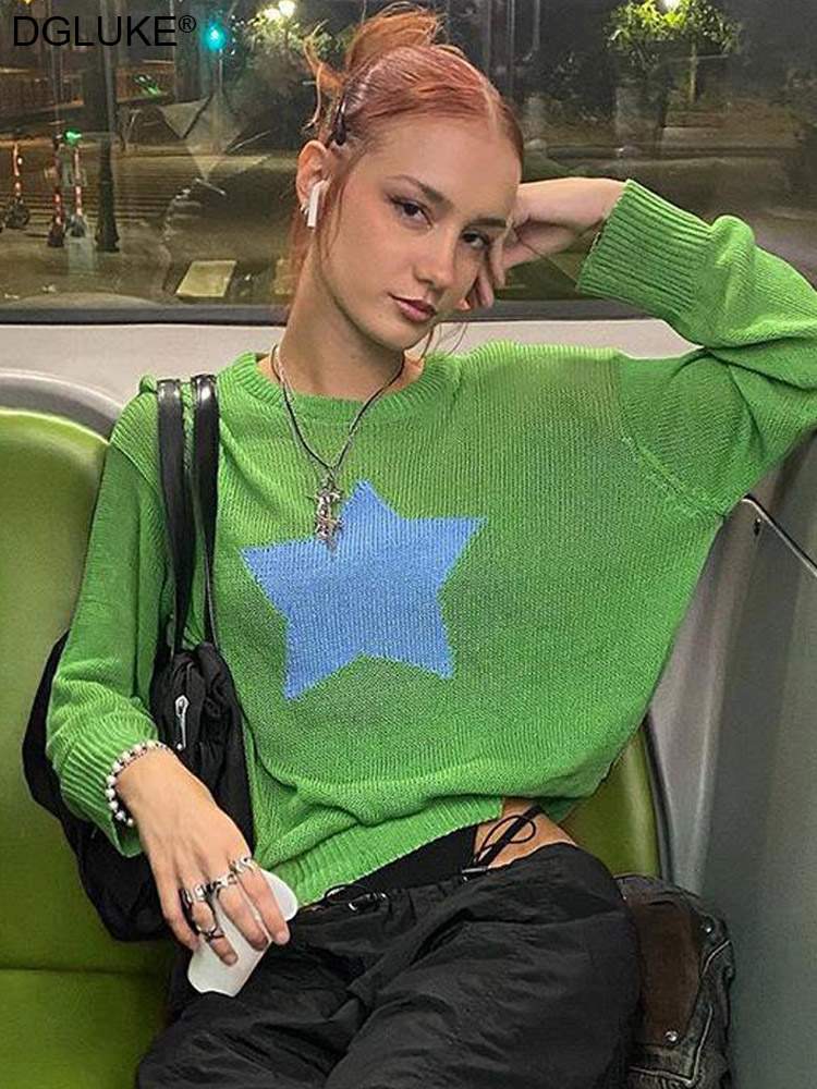 Star Knitted Sweater Y2K Women Autumn Pullover Sweater Oversized Christmas Sweater Top Green Black Long Sleeve T-Shirt Harajuku alx