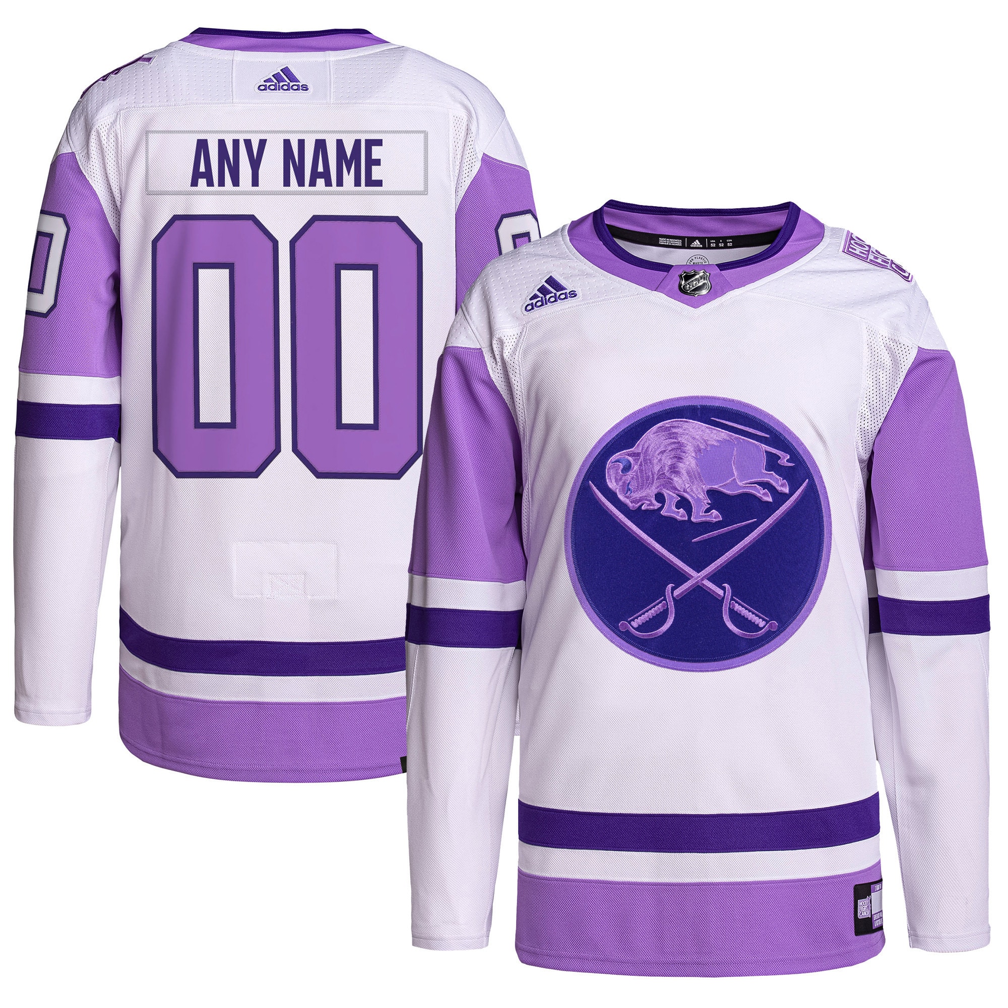 Men's Buffalo Sabres adidas White/Purple Hockey Fights Cancer Primegreen Authentic Custom Jersey