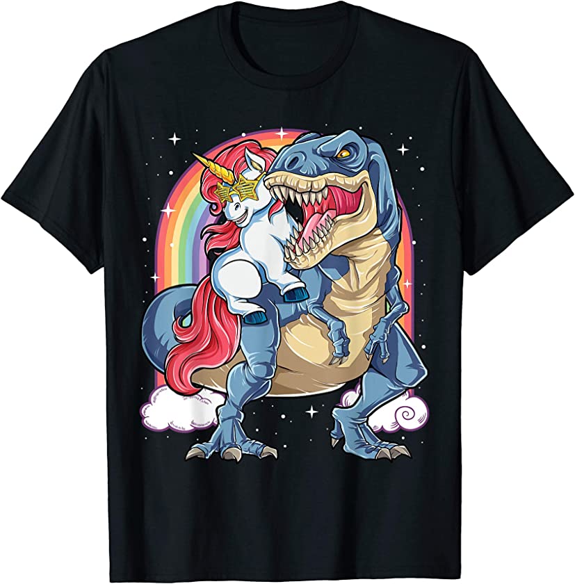 Unicorn Riding Dinosaur T rex Shirt Boys Girls Kids Rainbow