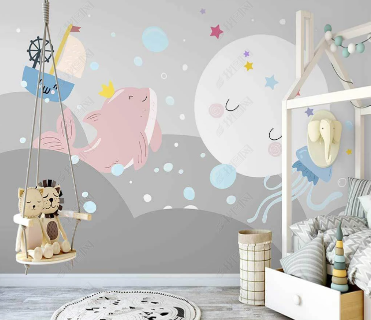 3D Cartoon Sea Animal Dolphin Moon Wall Mural Wallpaper Lqh 366