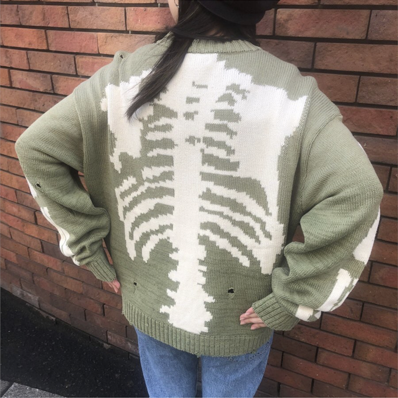 2000s Oversized Kawaii Sweater Green Loose Skeleton Bone Print Women Korean High Street Damage Hole Vintage Y2K Knitted Sweater alx