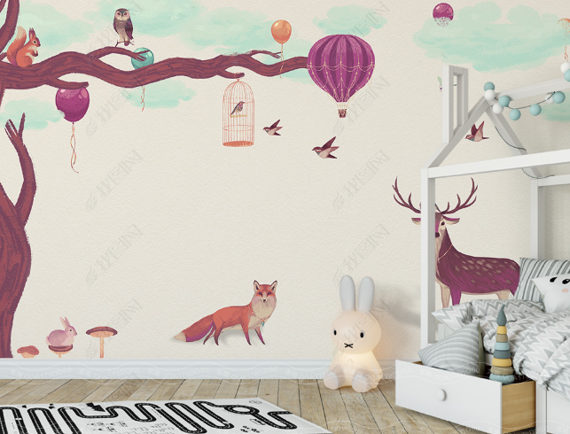 3D Hand Drawn Forest Hot Air Balloon Animal Wall Mural Wallpaper Lqh 131