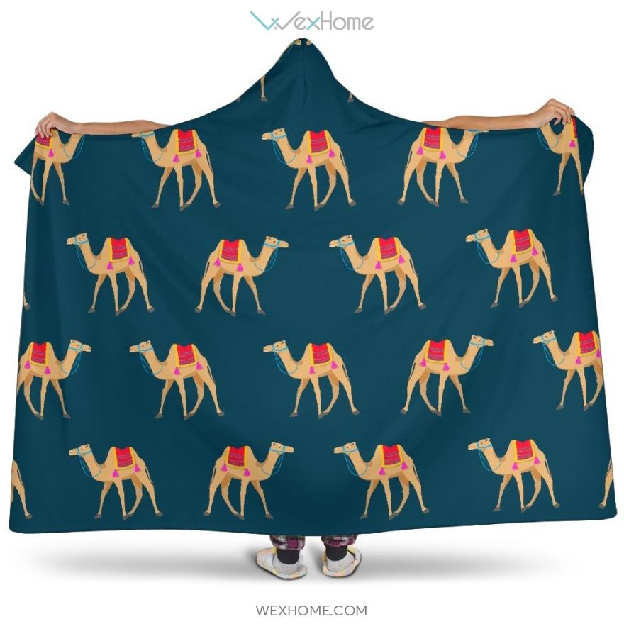 Camel Pattern Blue Blackground Hooded Blanket