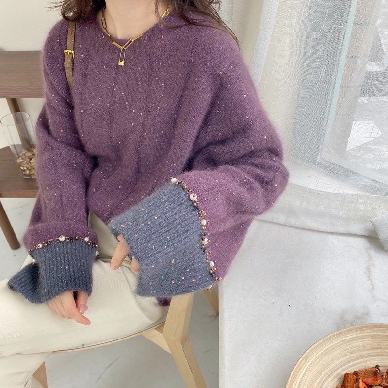 Autumn And Winter New Foreign Aerosol Haze Blue Sweater Women’s Fashion Leisure Loose Outer Wear Lazy Wind Pullover Sweater Top alx