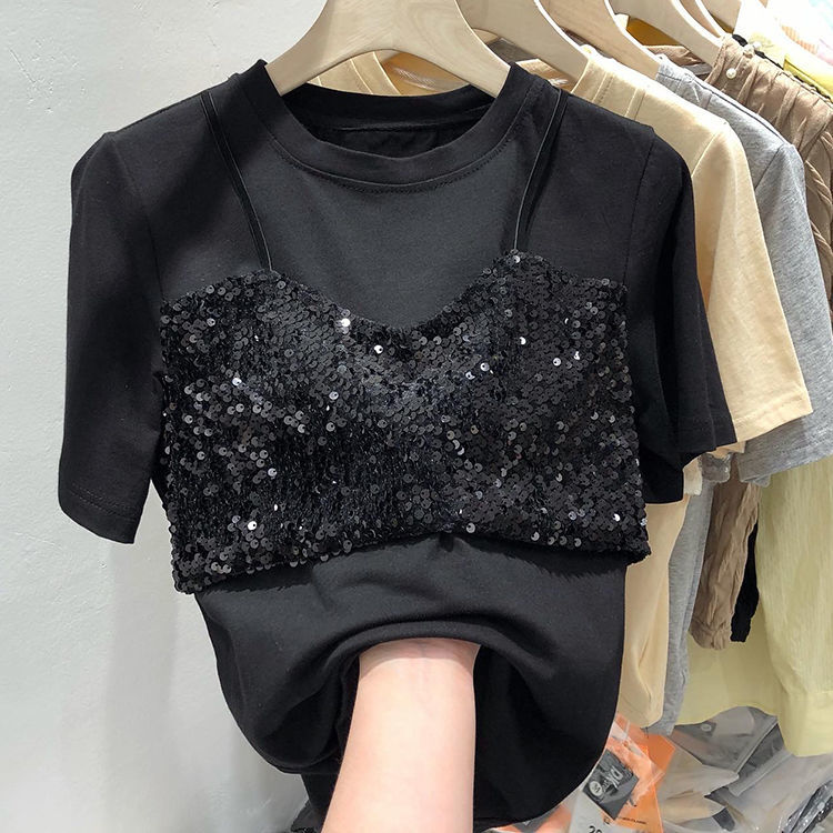 Women’s Chic Sequin Short Sleeve T Shirt Summer Casual Streetwear O Neck T-shirt Lady Slim Short Tshirt Top alx