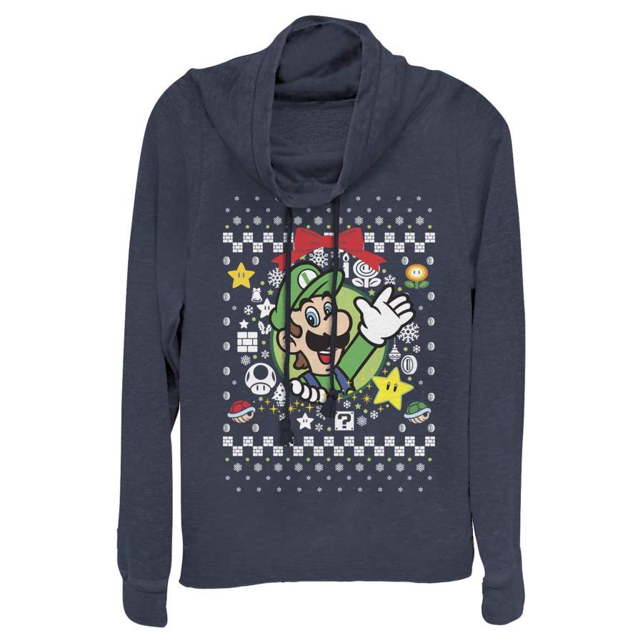 Nintendo Junior’s Ugly Christmas Luigi Wreath  Cowl Neck Sweatshirt