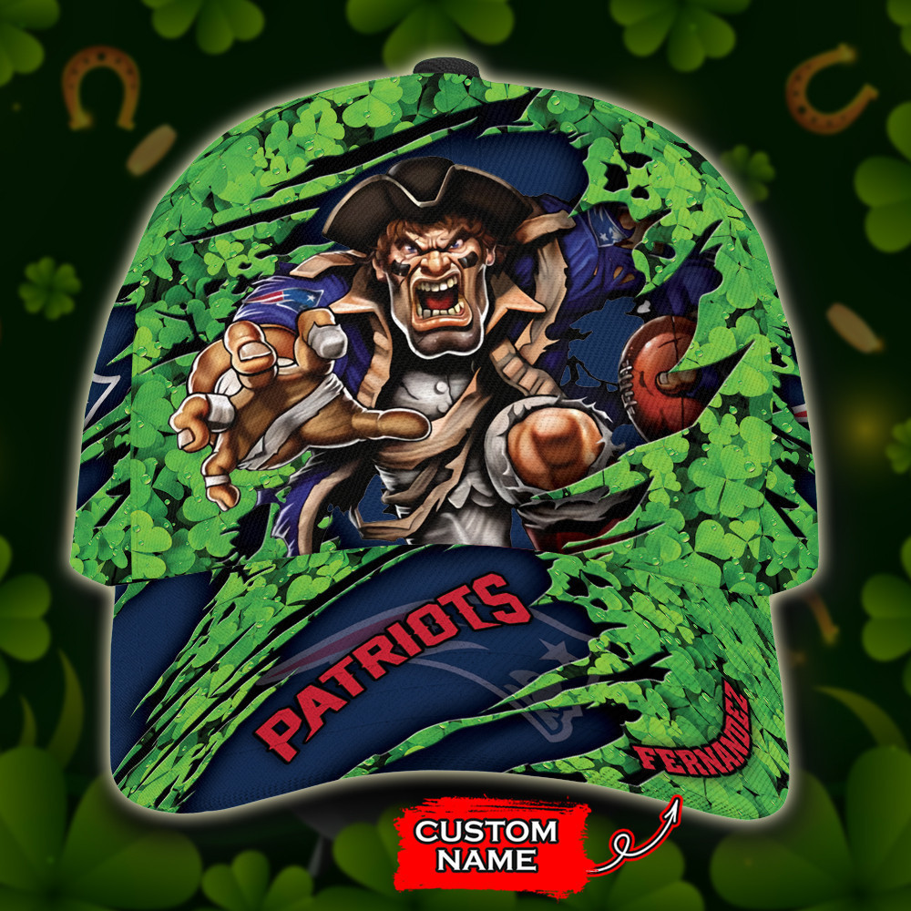 Personalized New England Patriots St Patrick Day Mascot All Over Print 3D Baseball Cap – Blue Green