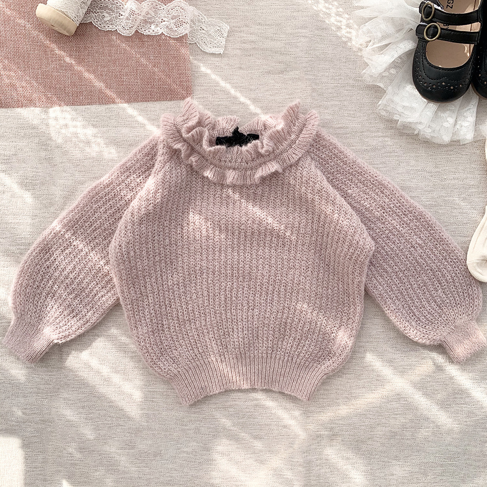 3395C Children Sweater Knitted Pullover 2022 Autumn Winter Girl’s Pullover Lace Collar Hollow Out Knitted Sweater Mohair Sweater alx