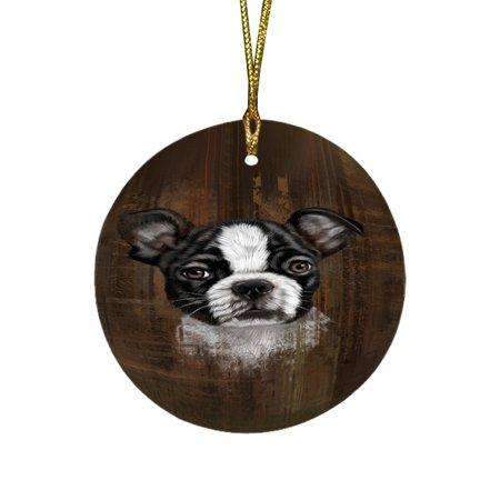 Rustic Boston Terrier Puppy Round Christmas Ornament Rfpor48204