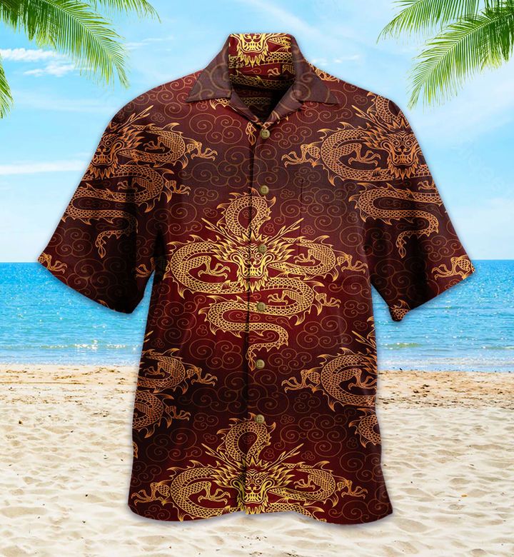 Gold Chinese Dragon Brown Hawaii Shirt Ha12104