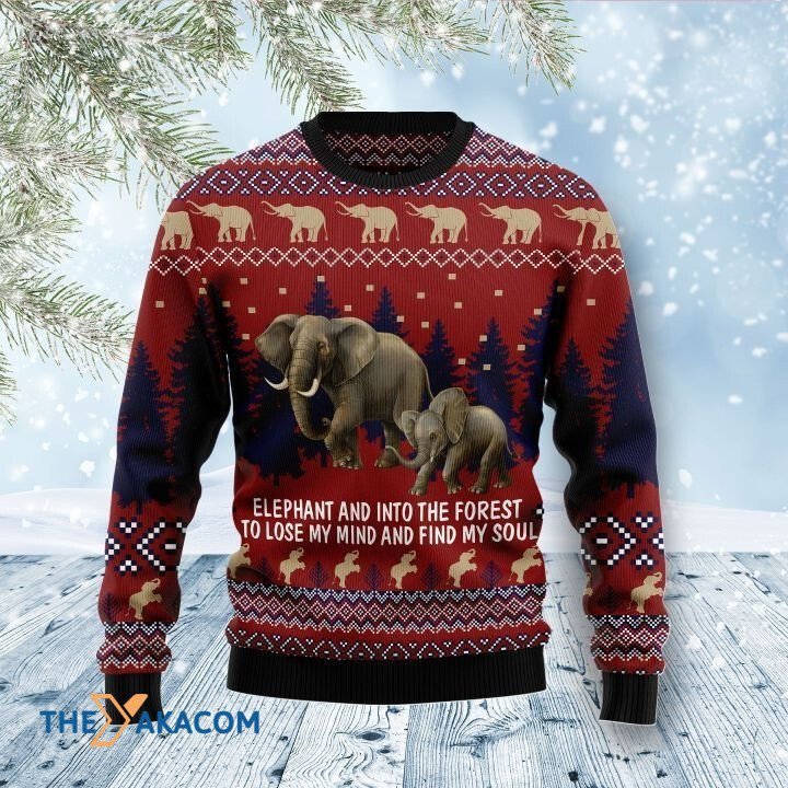 Red Lovely Mom And Child Elephants Into The Forest To Lose My Mind And Find My Soul Gift For Christmas Ugly Christmas Sweater