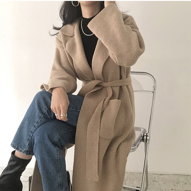 Circyy Knitted Cardigan Women Sweater Oversized Long Lace Up Coat Winter 2022 New Korean Thicken Loose Turndown Collar Clothes alx