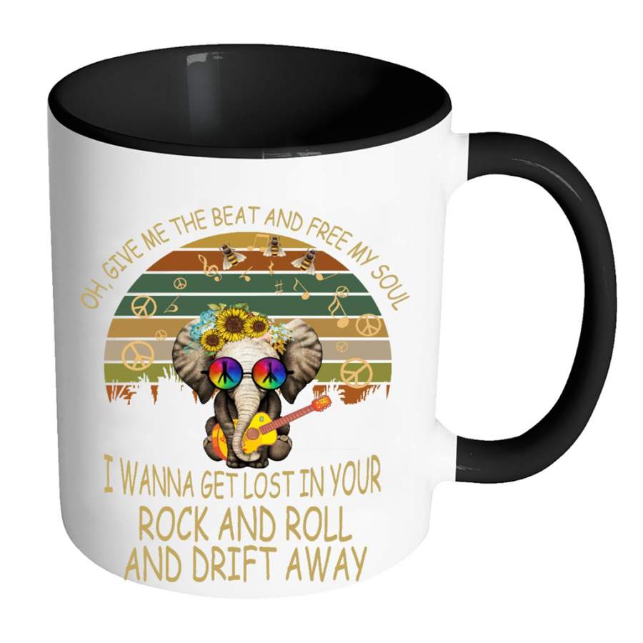 Oh, Give Me The Beat And Free My Soul, I Wanna Get Lost In Your Rock And Roll And Drift Away, Elephant Retro Peace Sign – Full-Wrap Coffee Colors Accent Mug