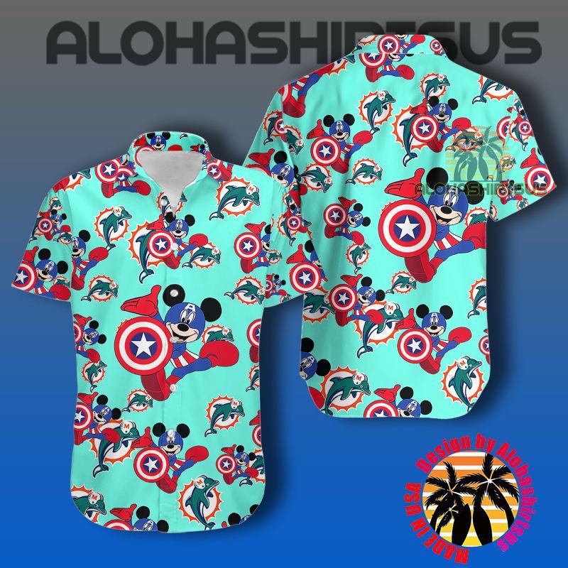 Mickey Mouse Captain America Miami Dolphins Nfl Light Blue Authentic Hawaiian Shirts