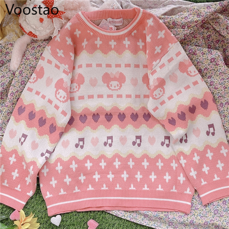 Autumn Winter Sweet Lolita Strawberry Bear Knitted Pullovers Japanese Girly Cute Loose JK Sweater Women Kawaii Knitwear Tops alx
