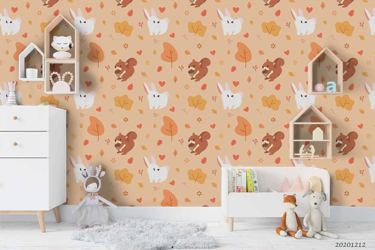 3D Cartoon Bunny Squirrel Autumn Leaves Plant Pattern Wall Mural Wallpaper Lxl