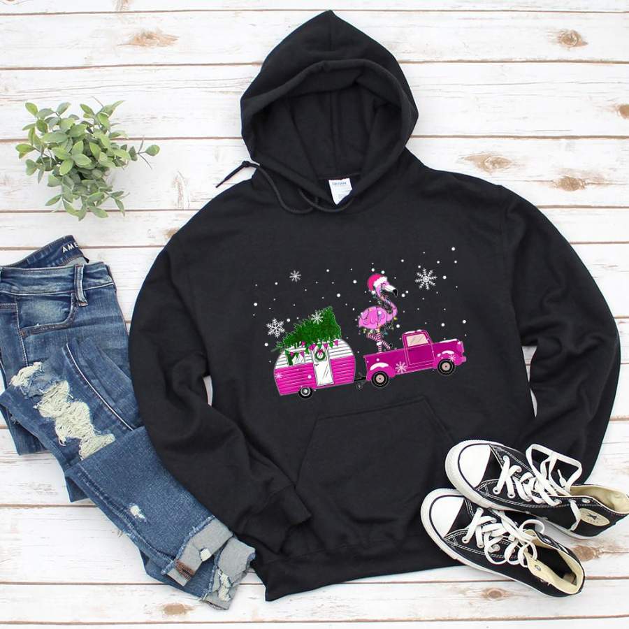 Flamingo car christmas camping snowflakes pink light snow black hoodie for men and women S-5XL