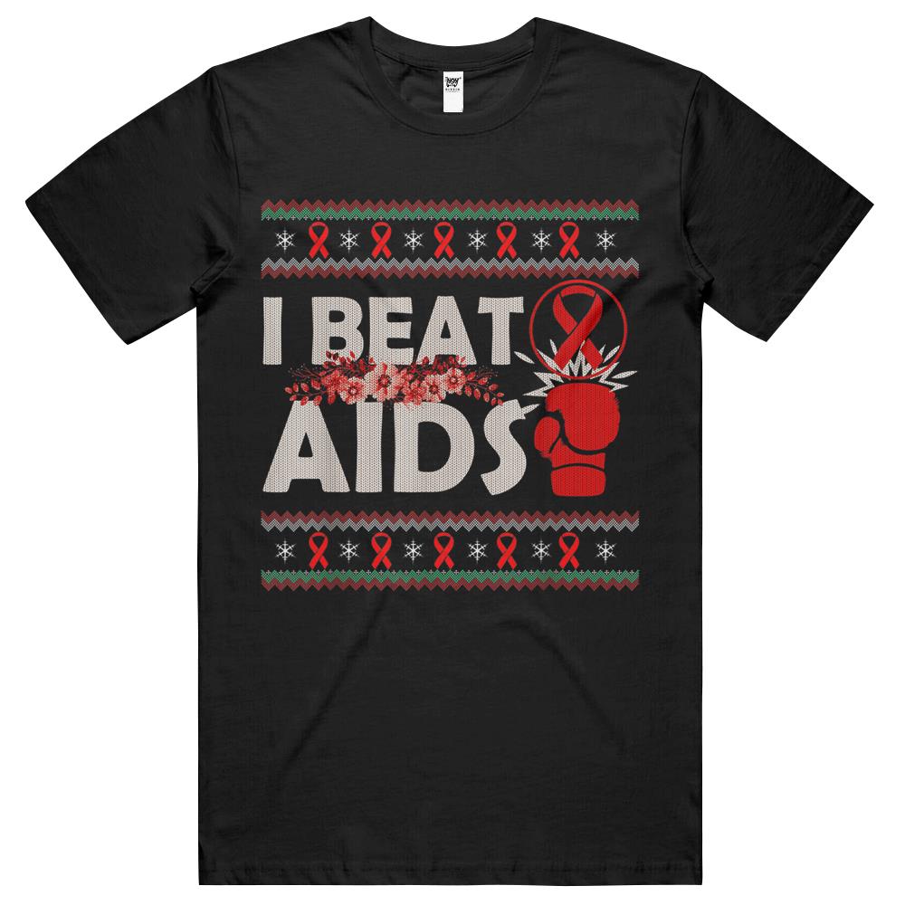 I Beat Aids Awareness Day Red Ribbon Ugly Christmas Sweater T Shirts