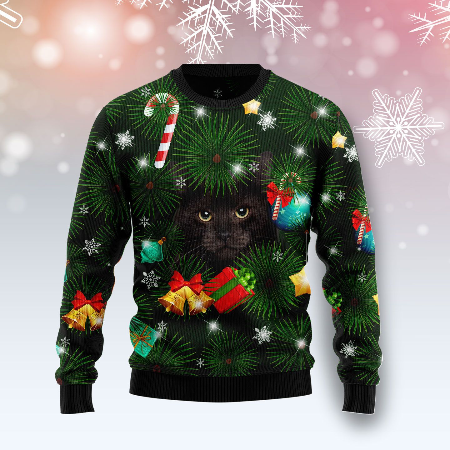 Black Cat Inside Tree TY1111 Ugly Christmas Sweater