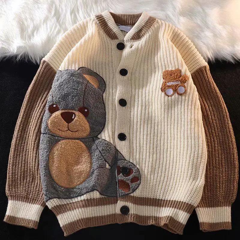 New Hip Hop Winter Clothes Vintage Cute Bear Embroidery Cardigans Women Sweater Jacket Coats Teens Girl Goth Kawaii Knitted Tops alx