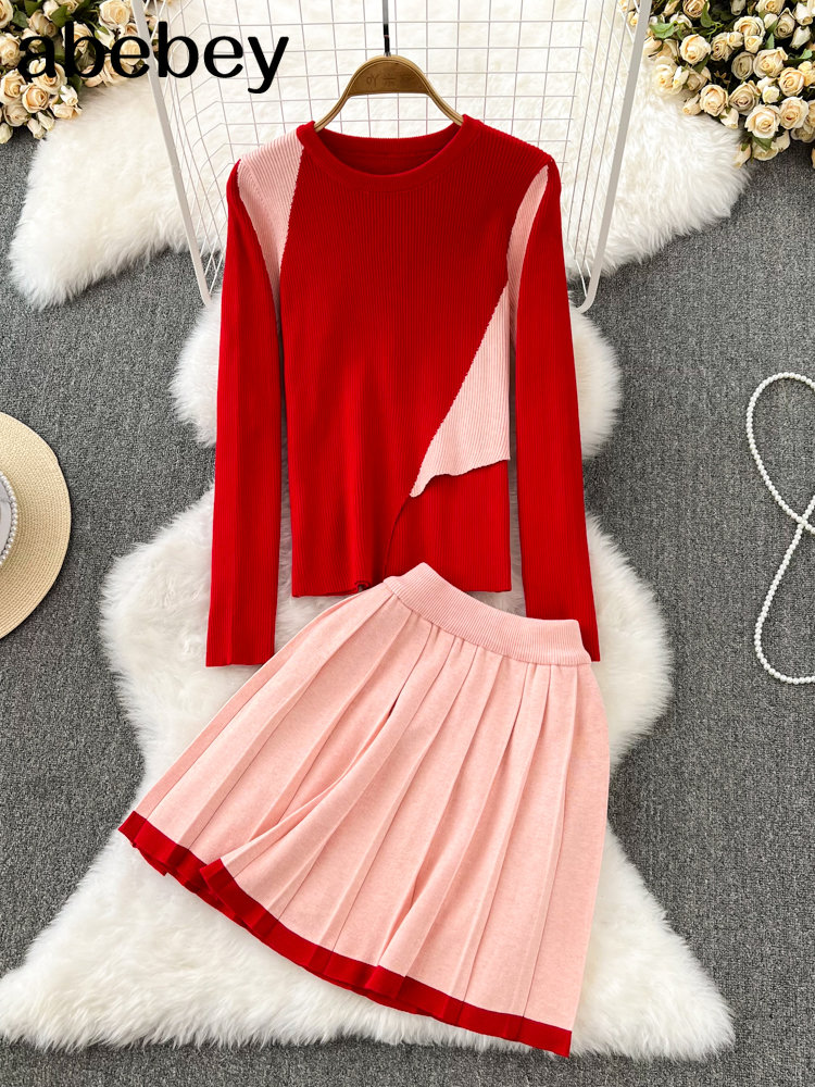 Winter OL Solid Sweater Sets Women O Neck Knitwear Top+High Waist Short Skirt Korean Casual Knitted Two Pieces Suits alx