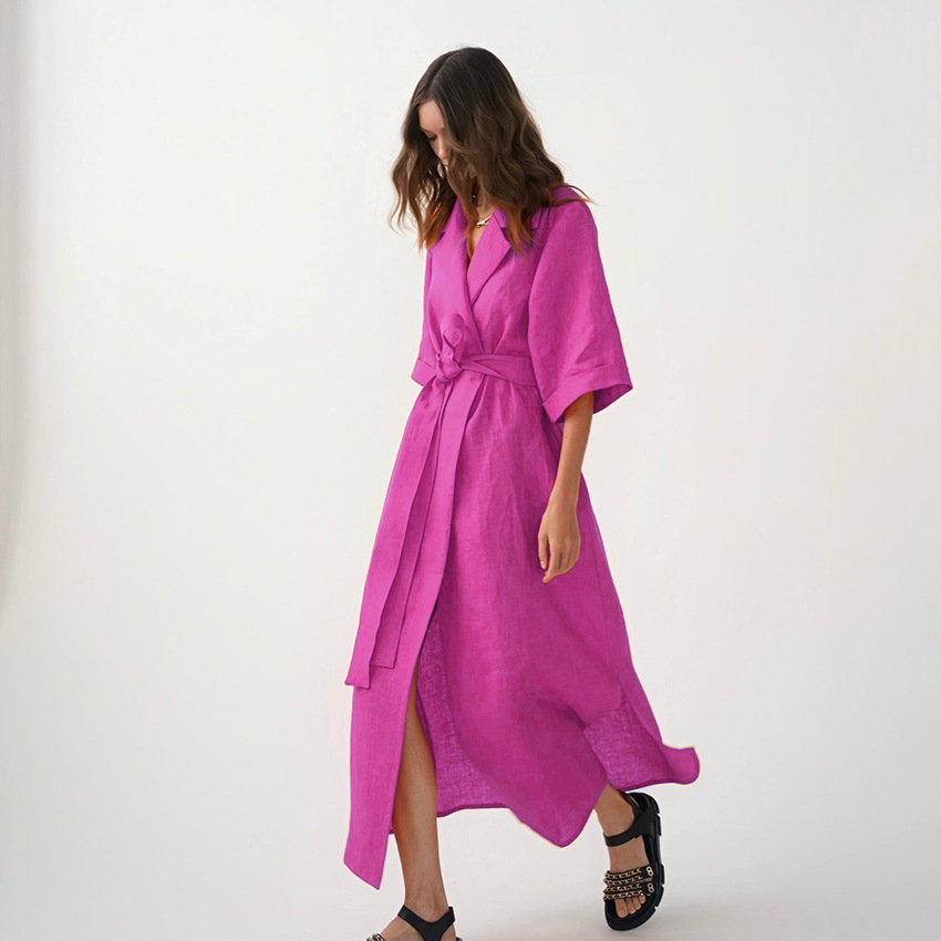 2022 Cotton Linen Long Wrap Summer Dresses Woman Belt Lace Up Notched Office Women Dress A-Line Elegant Slit Dress Robe Femme alx