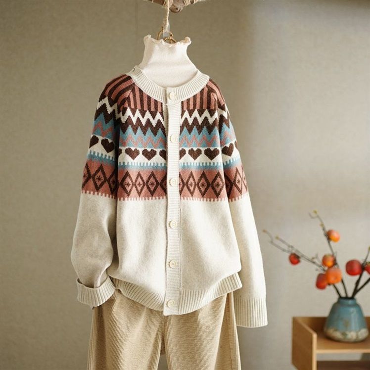 Vintage O-Neck Design Casual Knitted Cardigan for Women Fashion 2022 New Printing Korean Fashion Women’s Clothing Autumn Tops alx