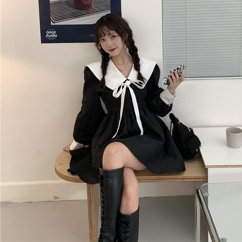 Women Patchwork Dresses Kawaii Peter Pan Collar Mini Tunic Students Lovely Long Sleeve Vestido Trendy Designer Femme New-arrival alx