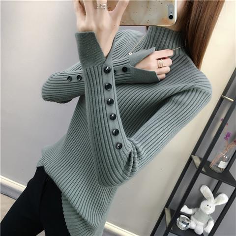 Autumn And Winter New Women’s Fashion Solid Half High Collar Loose Bottom Button Split Long Sleeve Top Knitted Sweater Women alx