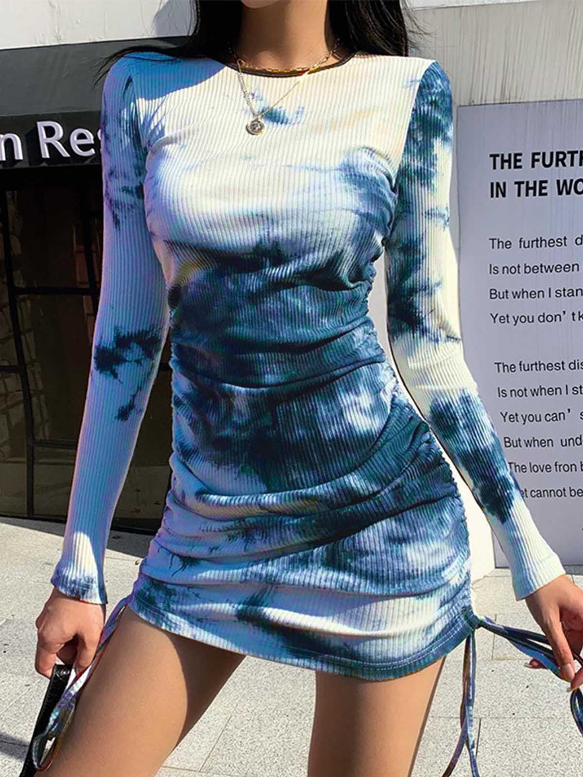Sexy Slim Fit Tie Dye Print Slim Fit Crew Neck Long Sleeve Gathered Dress