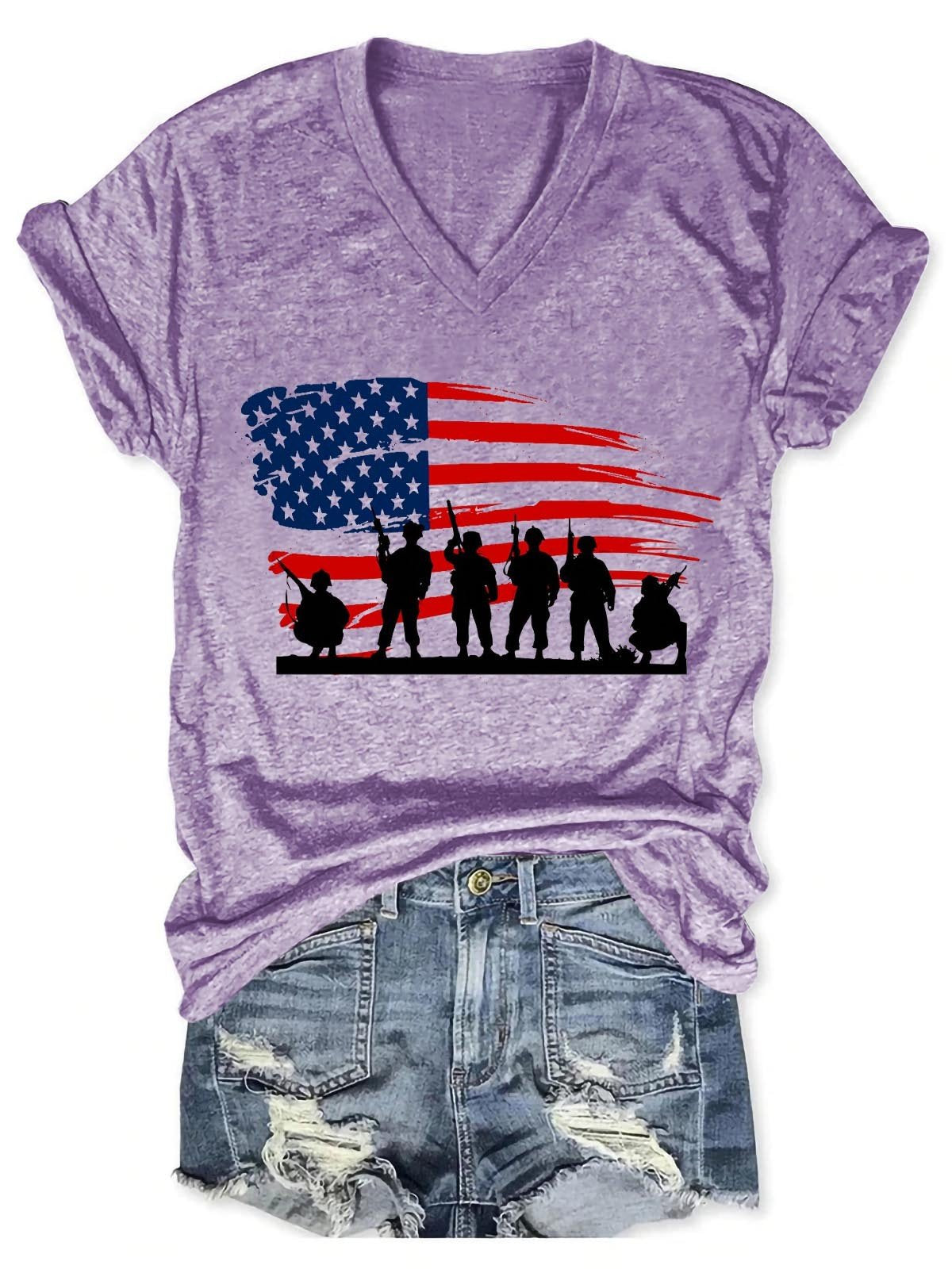 Women’S Patriotic Soldier Flag America Veteran Military V-Neck T-Shirt