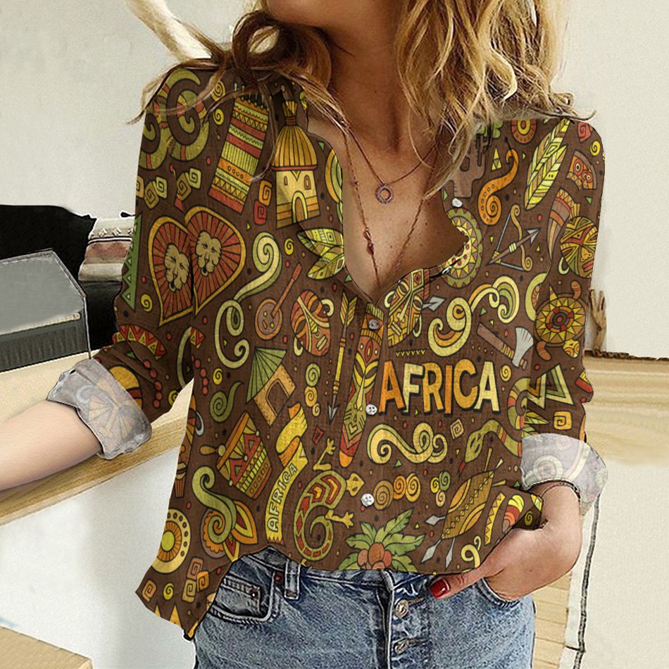 Africa Cotton And Linen Casual Shirt, Cartoon African Pattern Linen Shirt