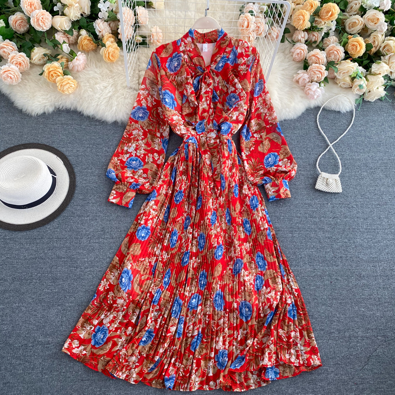 Vintage Floral Long Dress Women Spring Summer Korean Style Stand Collar Lantern Sleeve Chiffon Dress Female Elegant Party Vestid alx