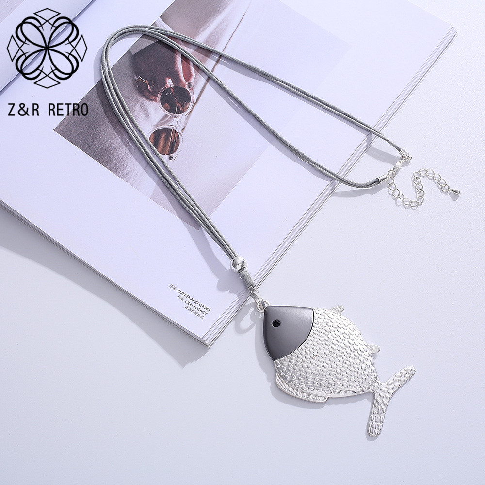 Vintage Fish Shape Long Chains Necklace Collares Suspension Pendant for Women Gothic Jewelry Aesthetic Stranger Things Accessory alx