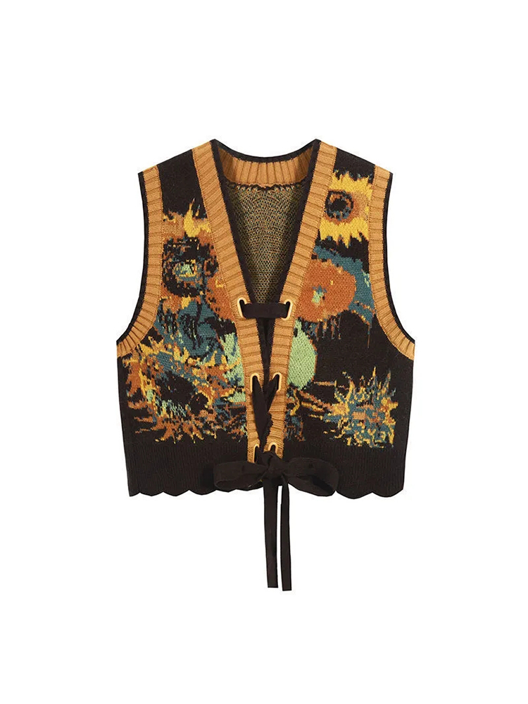 Vintage Casual Sweater Vest Spring Autumn Women Sweet Flower Jacquard Knitted Jumpers Crop Tops Female V-Neck Waistcoat Knitwear alx