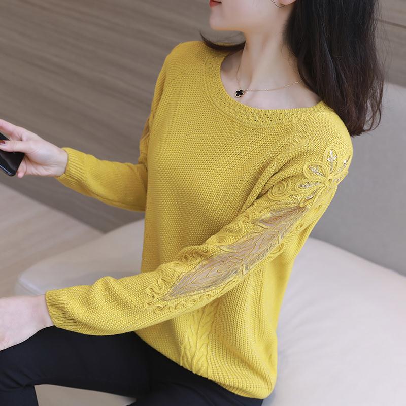 Spring And Autumn Korean Style Loose Ladies Lace Stitching Sweater Fashion Round Neck Solid Thread Long-Sleeved Wild Pullover alx