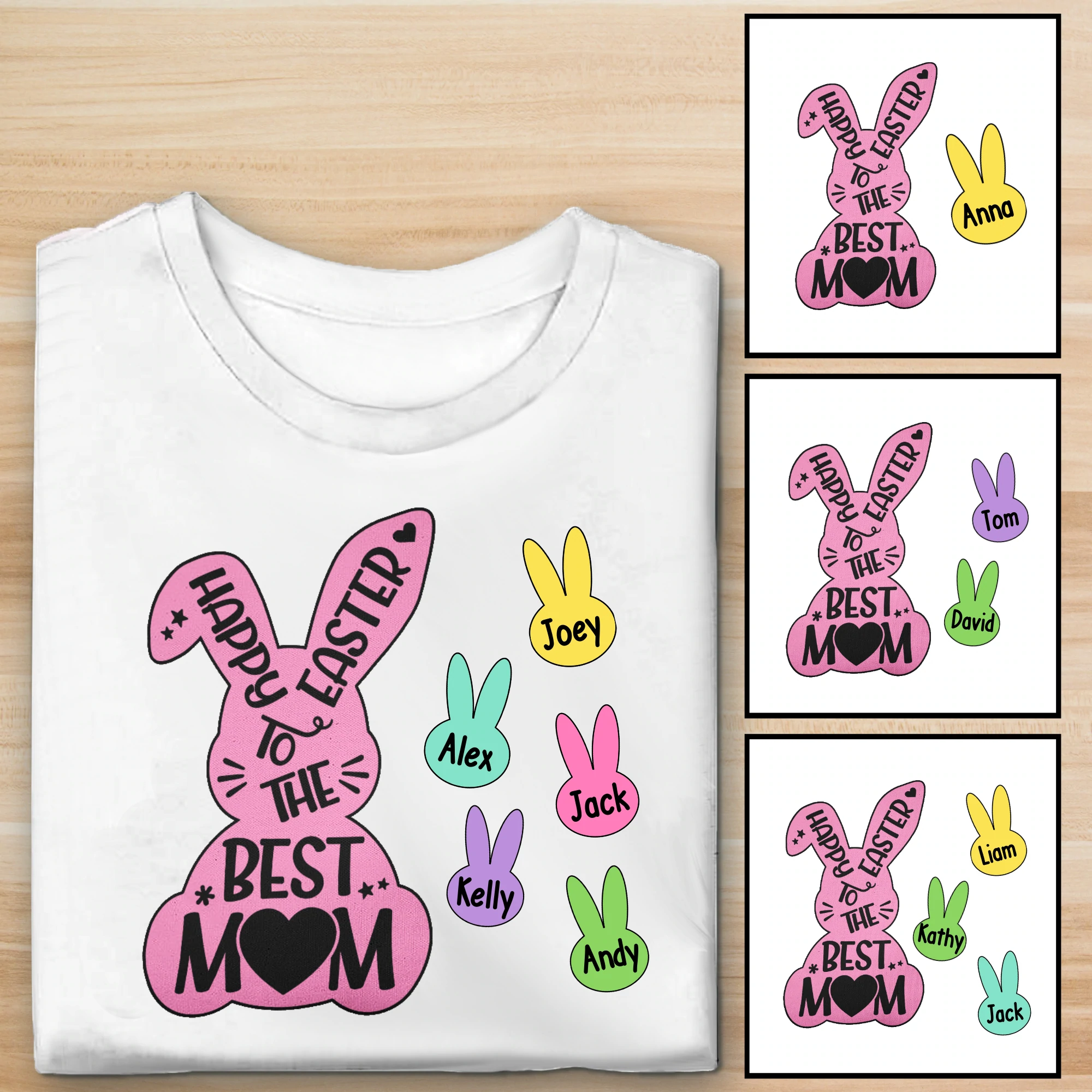 Personalized T-Shirt For Mom Happy Easter To Mom Cute Bunny Printed Custom Kids Name Easter Day Shirt