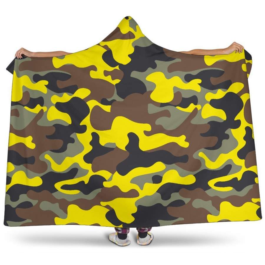 Yellow Brown And Black Camouflage Print Hooded Blanket