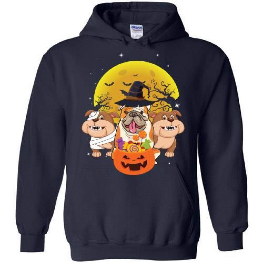 Bulldog Mummy Witch Dog Moon Ghosts Halloween Hoodie