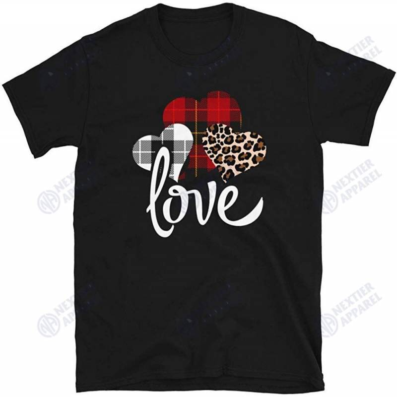 Valentine Three Hearts Leopard Buffalo Plaid Valentine’s Day Unisex T-shirt