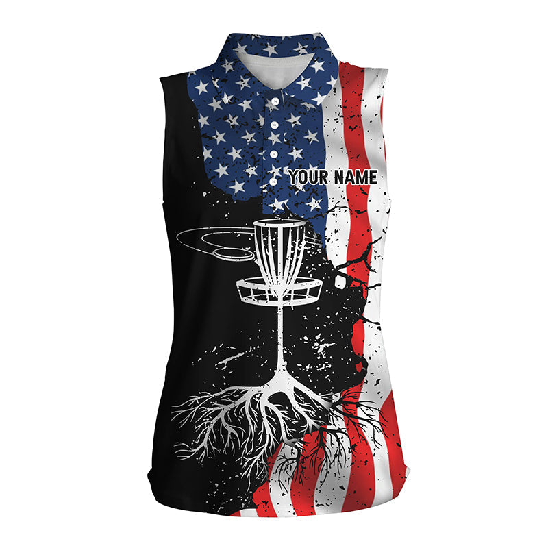 Personalized Vintage American Flag Patriotic Disc Golf Performance Womens Sleeveless Polo Shirt