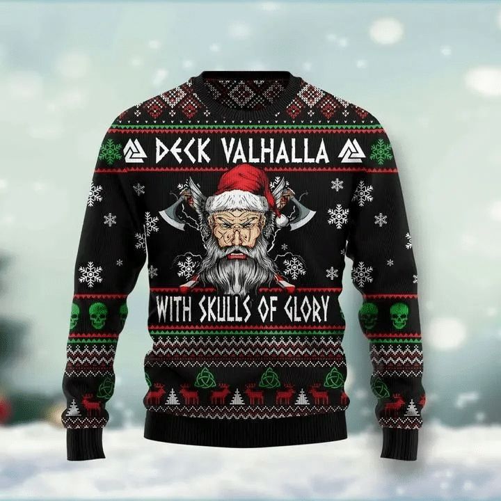 Viking Deck Valhalla With Skulls Of Glory Ugly Christmas Wool Sweater