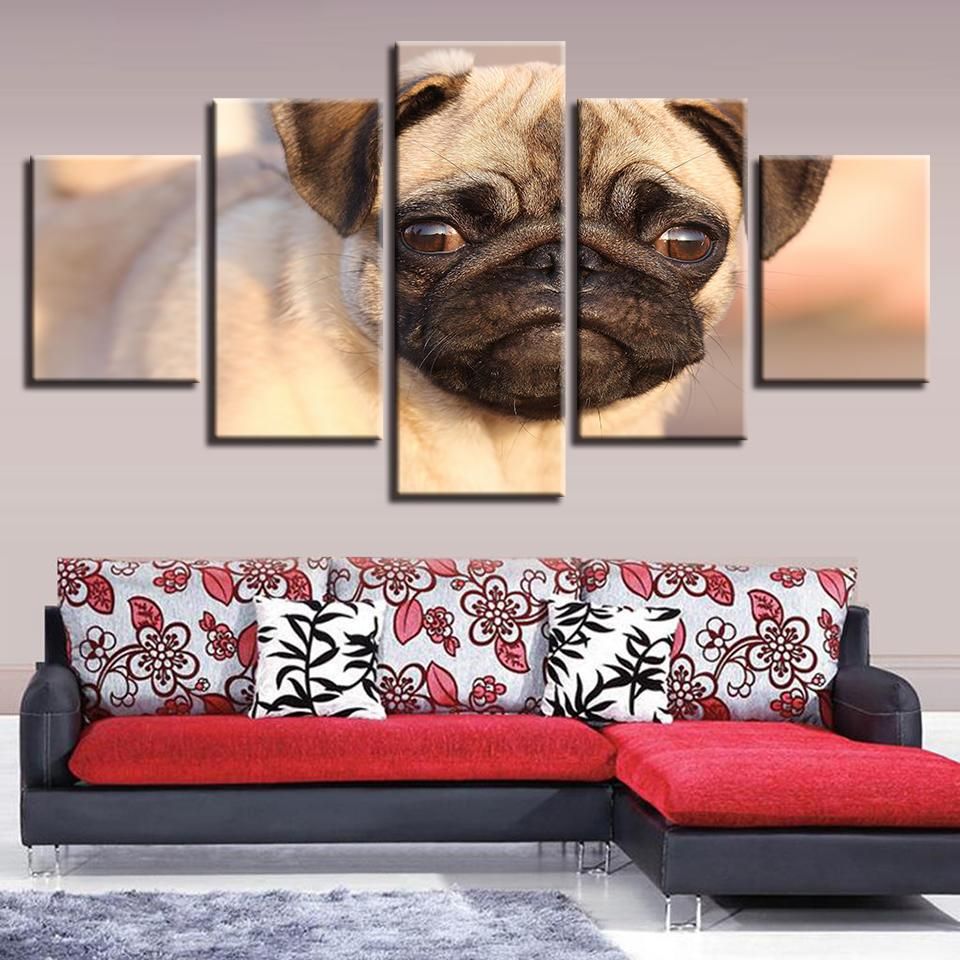 Animal Pug Dog Animal 5 Panel Canvas Art Wall Decor