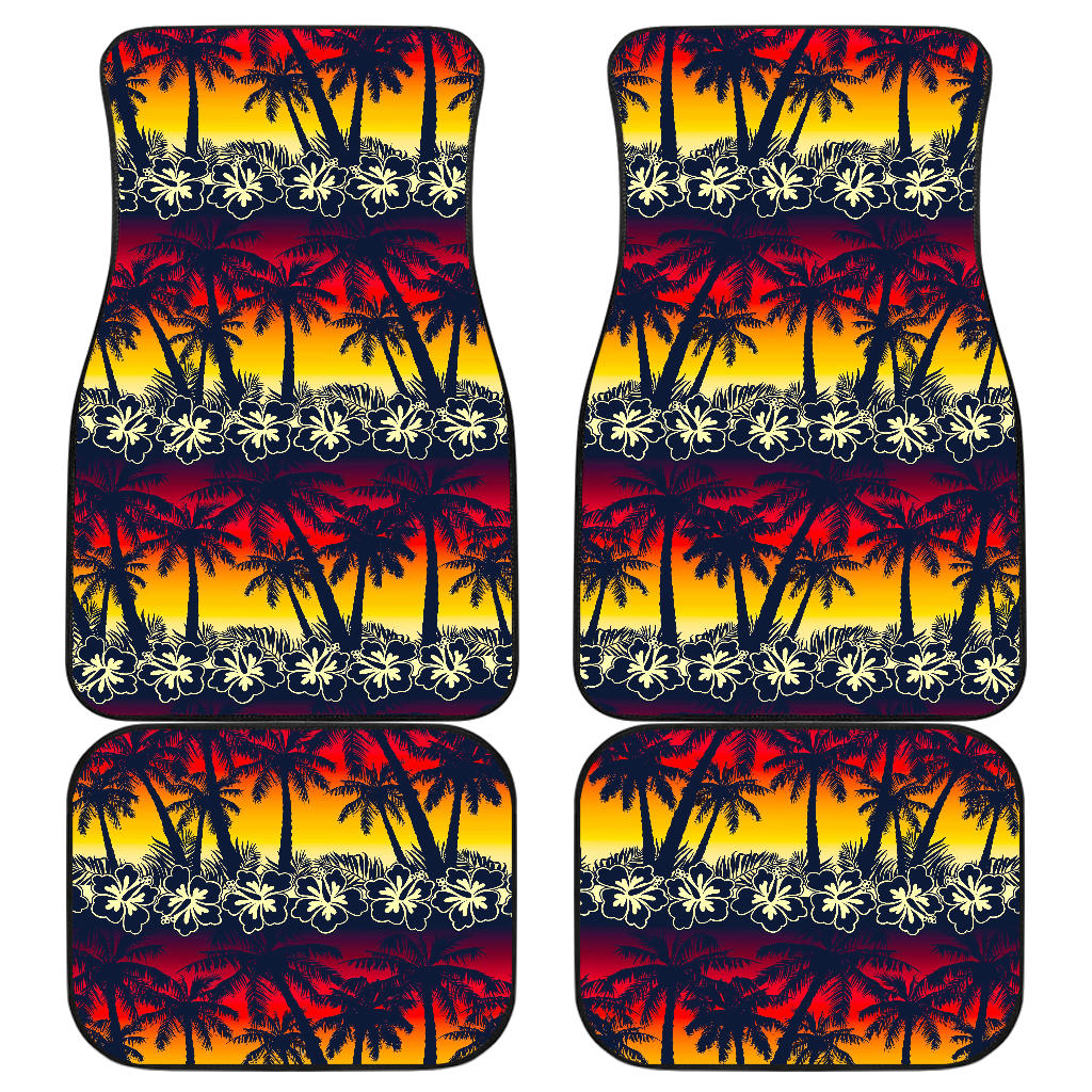 Sunset Hibiscus Palm Tree Pattern Print Front And Back Car Floor Mats, Front Car Mat