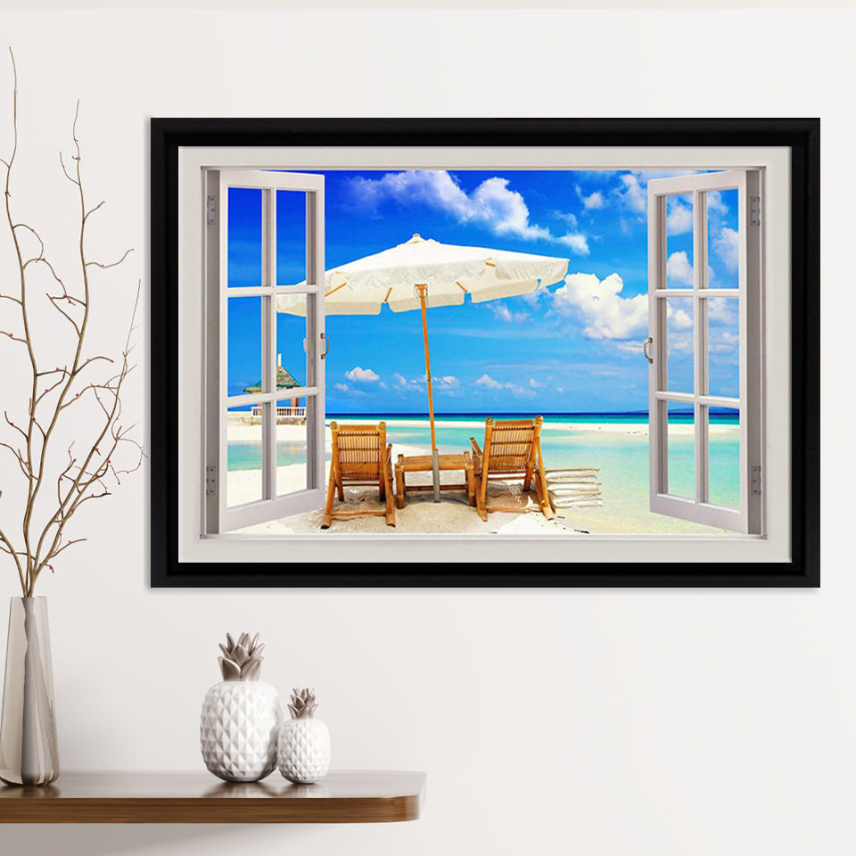 Beach Holiday 3D Window View Framed Canvas Print – Canvas Painting, Canvas Art, Wall Art, Wall Decor
