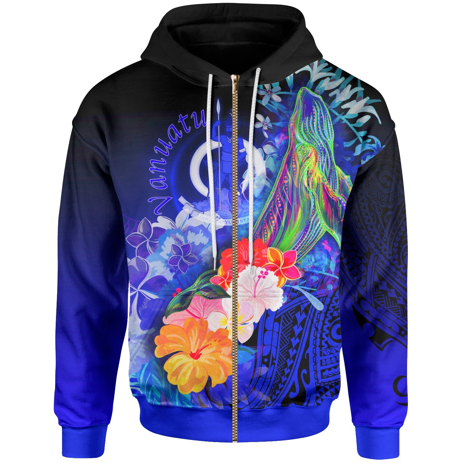 Vanuatu Zip-Up Hoodie – Humpback Whale with Tropical Flowers (Blue)- Pacific Print Hoodie