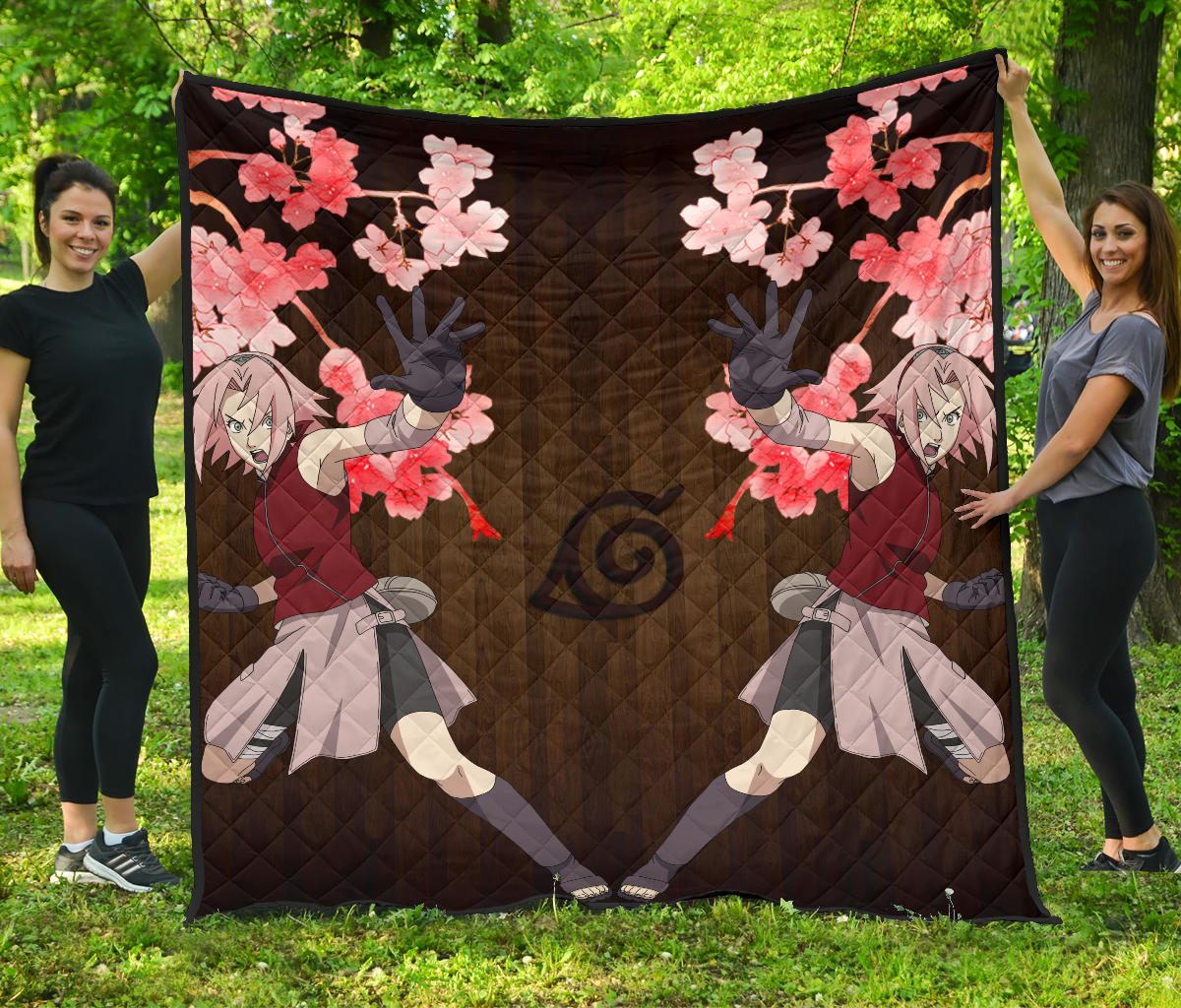 Naruto Anime Premium Quilt – Sakura Punch Cherry Blossom Konoha Symbol Quilt Blanket